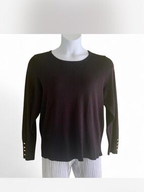Classic Black Long-Sleeve Crewneck Top with gold Button Cuff size L